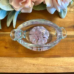 Vintage Hand-Blown Art Glass Pink Trumpet Flowers & Teardrop Bubbles Ashtray / Paperweight / Trinket Dish
