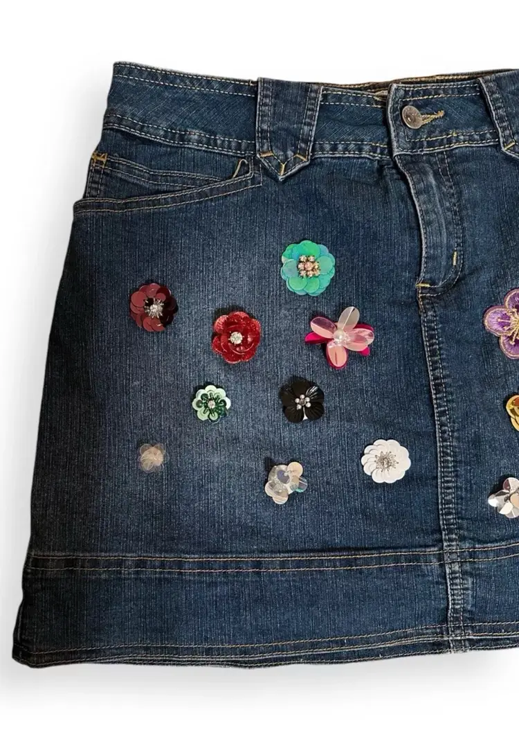 Reworked Hand Embroidered Multicolored Sequin Flowers Front Detail Denim Y2K Mini Skort US Size Petite 8/M