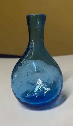 Blue Crackle Glass Miniature Donut Vase 5” tall handblown