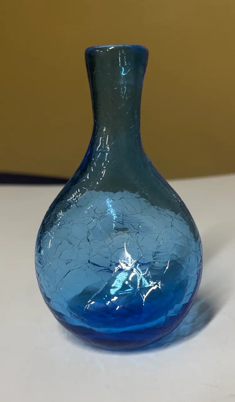 Blue Crackle Glass Miniature Donut Vase 5” tall handblown