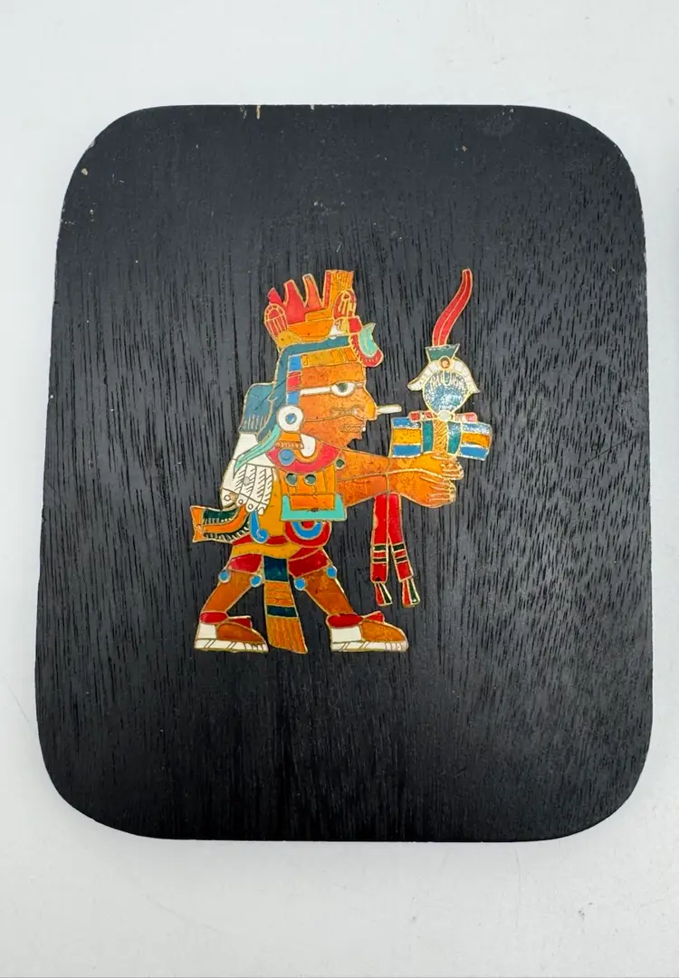 Vintage Mexican Wood Enamel Aztec Wall Art Plaques Set Of 2 October November