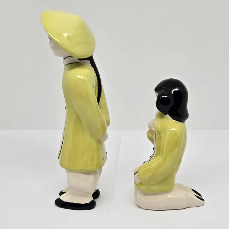 Hand Painted Vintage Chinese Man and Geisha Woman Ceramic Figurines, Yellow, 1957