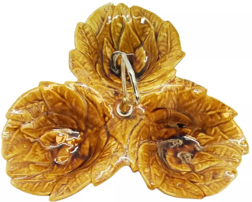 Vintage California Pottery Three Section Brown Leaves Nut Snack Serving Dish 724