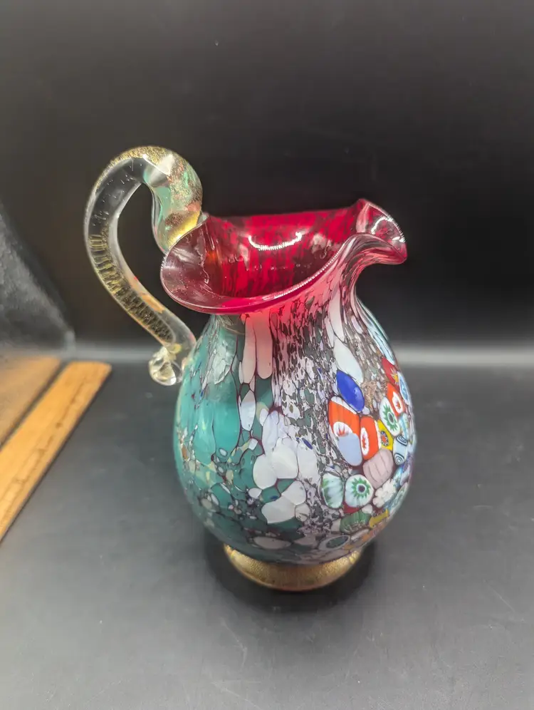 Murano Millefiori Glass Pitcher With Gold And Copper Specks Throughout 7".