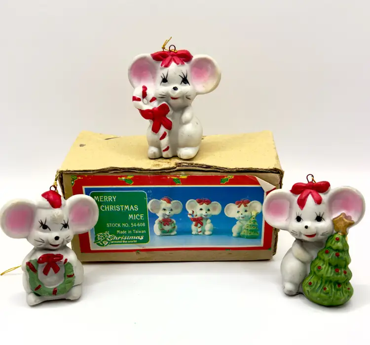 Vintage 1970’s Merry Christmas Mice Ornaments, Set of 3, By Christmas Around The World, Made in Taiwan, MPN 54-608, Original Box