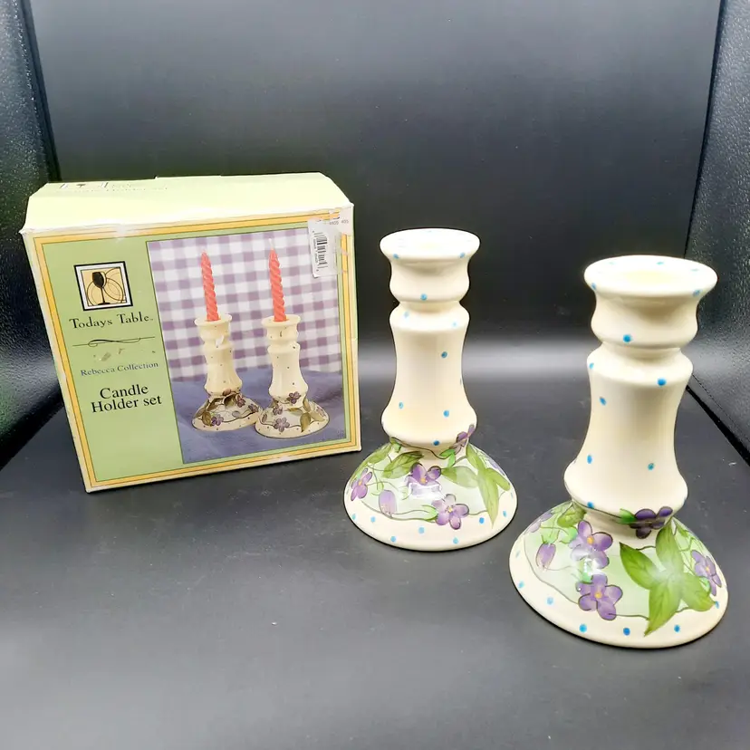 Vintage Floral Dot Ceramic Candlestick Holders Rebecca Collection Montgomery Ward Set Of 2