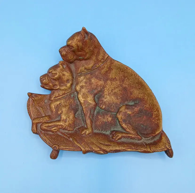 Vintage Bronze Trinket Dish, Tip Tray, Card Receiver, Two Bulldogs, Unsigned