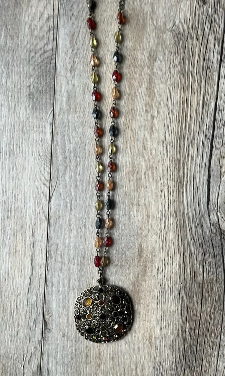 Brown Red Gold beaded necklace 23 inch