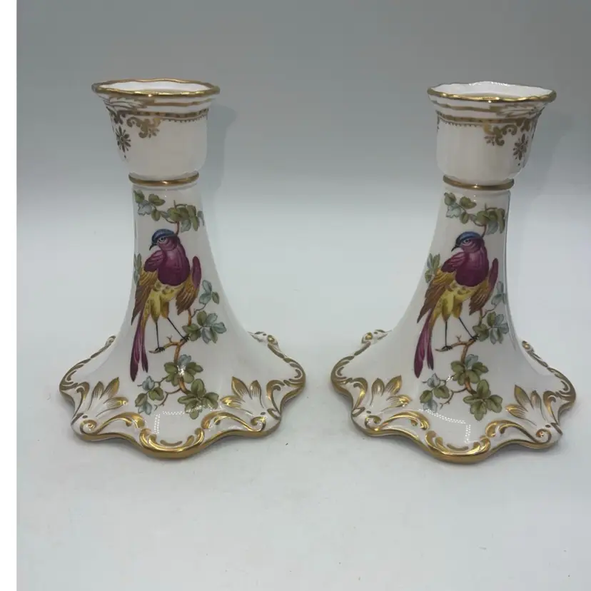 Spode Chelsea Bird (2) Candle Stick Holders, 5 3/8"  Rare England