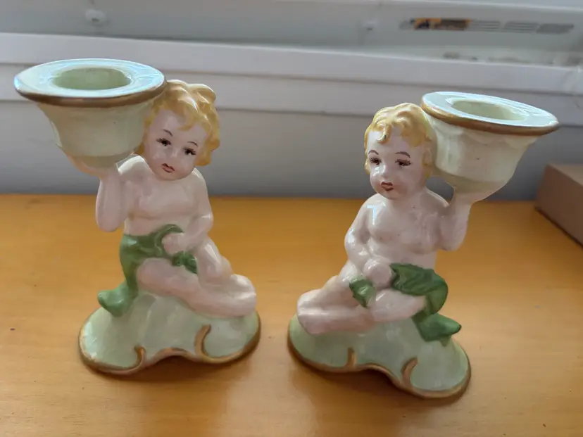Pair Vintage Audrey Cherub Porcelain Candlesticks, Japan, MCM, Retro Classic ~5"