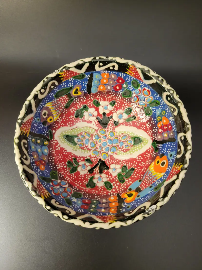 Colorful Hand Painted Fish Pottery Bowl Textured Folk Art Ceramic Dish