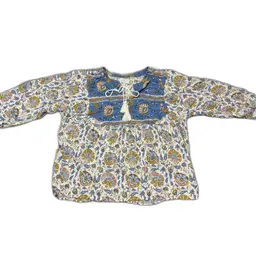 Lucky Brand Top L Cream Blue Gold Floral Tassel Tie 3/4 Sleeve Bohochic Peasant