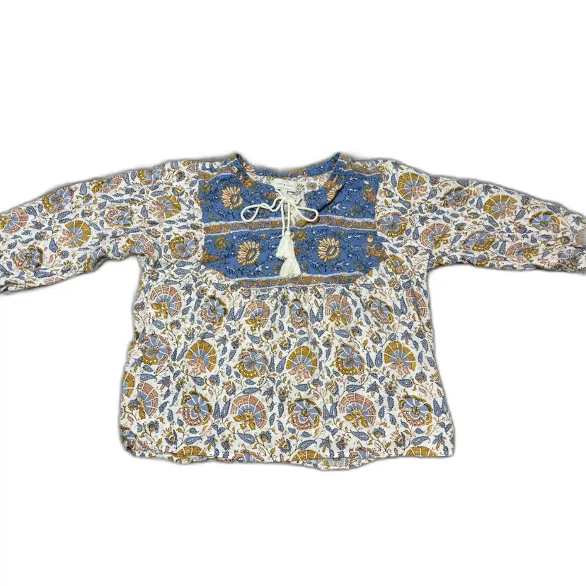 Lucky Brand Top L Cream Blue Gold Floral Tassel Tie 3/4 Sleeve Bohochic Peasant