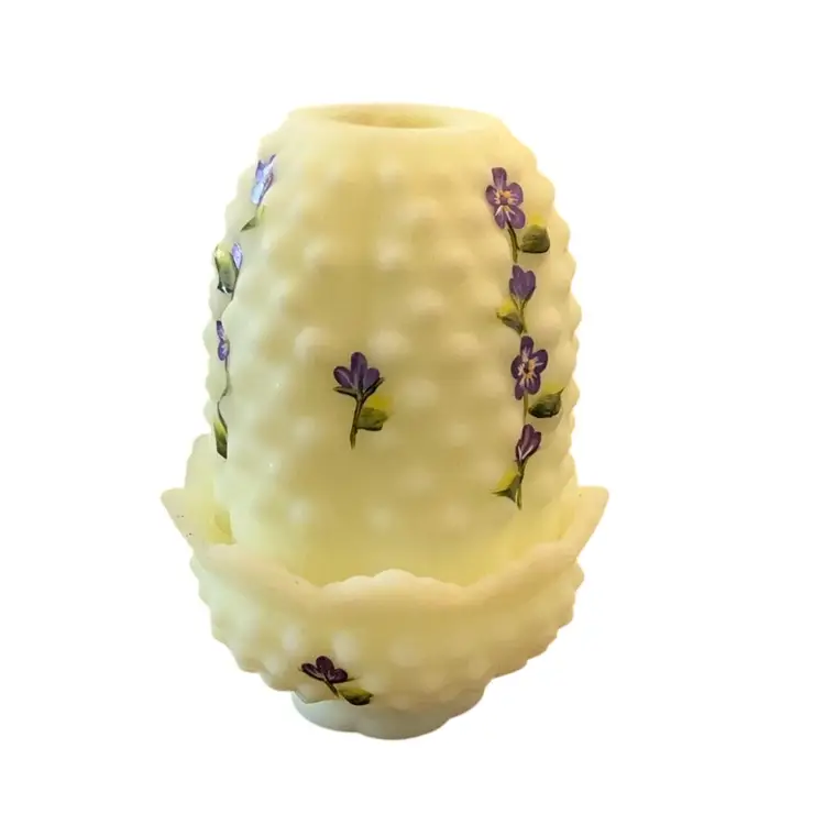 Fenton 2-piece Uranium Custard Hobnail Fairy Light HP By Lisa VanEs 4 1/2” X 3” Glows
