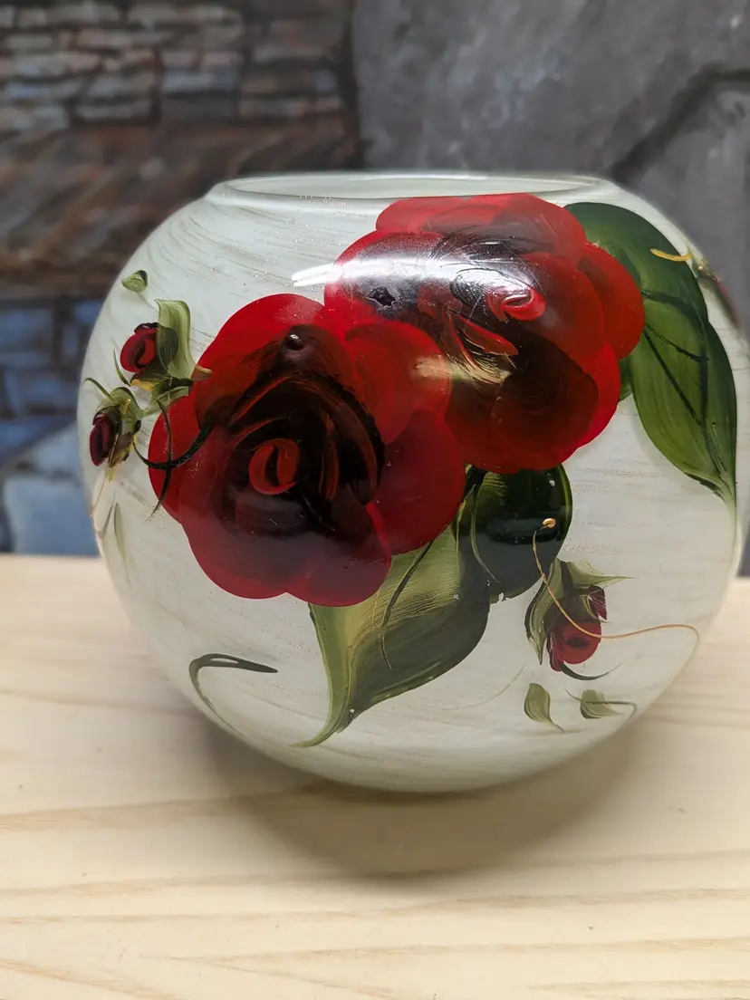 White Cased Art Glass Rose Bowl Vase Gold Aventurine Swirls Hand Painted Roses 6"x8"