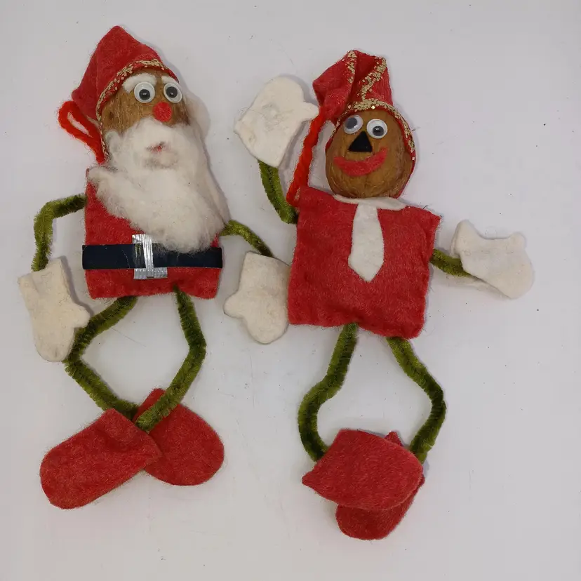 Vintage Walnut head Santa and elf handcrafted ornaments 1950s