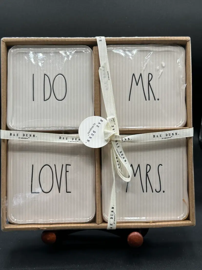 Rae Dunn Wedding Ceramic Drink Coasters Set Of 4 New I Do Love Mr. Mrs. Marriage