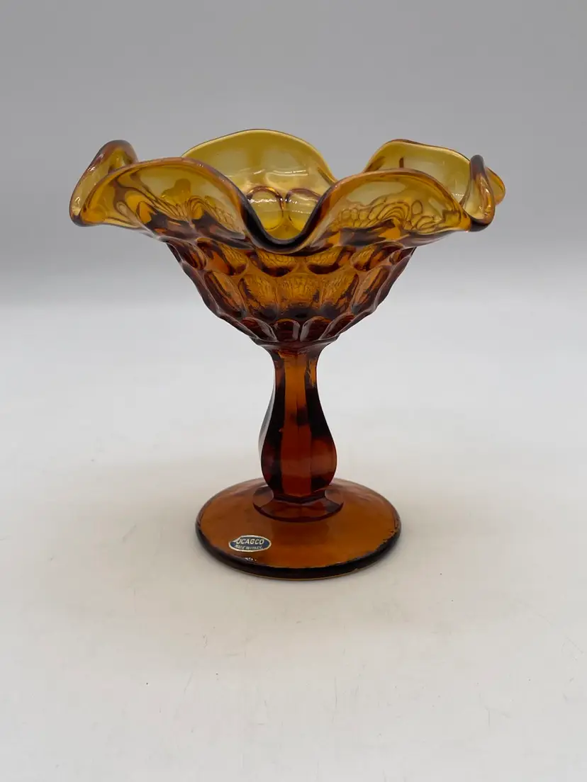 Vintage Ucagco Amber Glass Scalloped Thumbprint Pedestal Compote Bowl