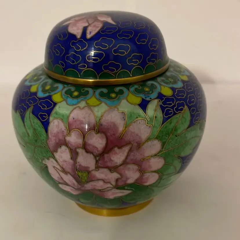 #562 VTG Chinese Cloisonné Ginger Jar With Lid Navy, Pink, Green Marked On Bottom
