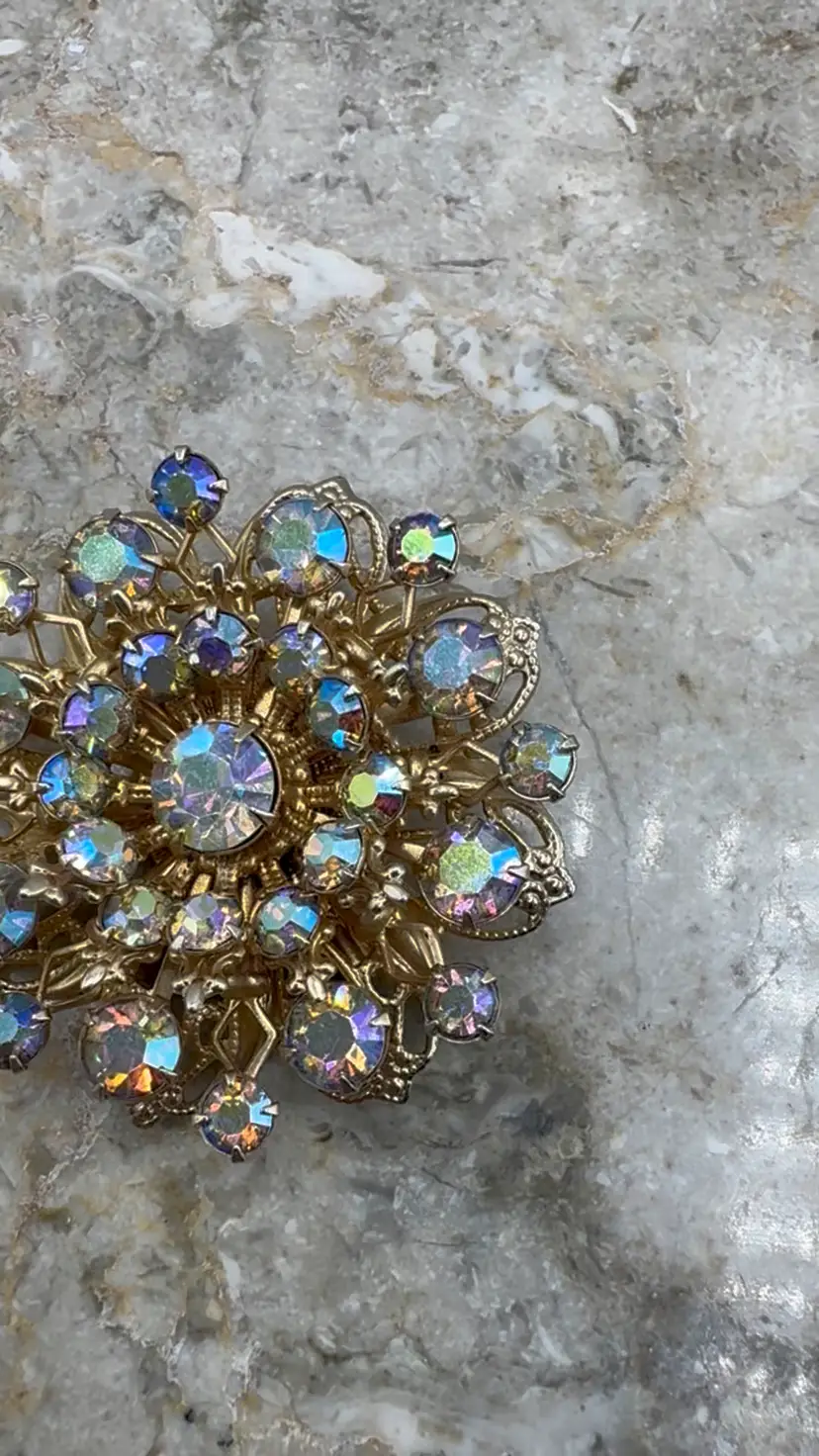 Vintage Mid Century Aurora Borealis Rhinestone Starburst Brooch Pin, Unsigned 1950s Gold Tone Tiered Flower