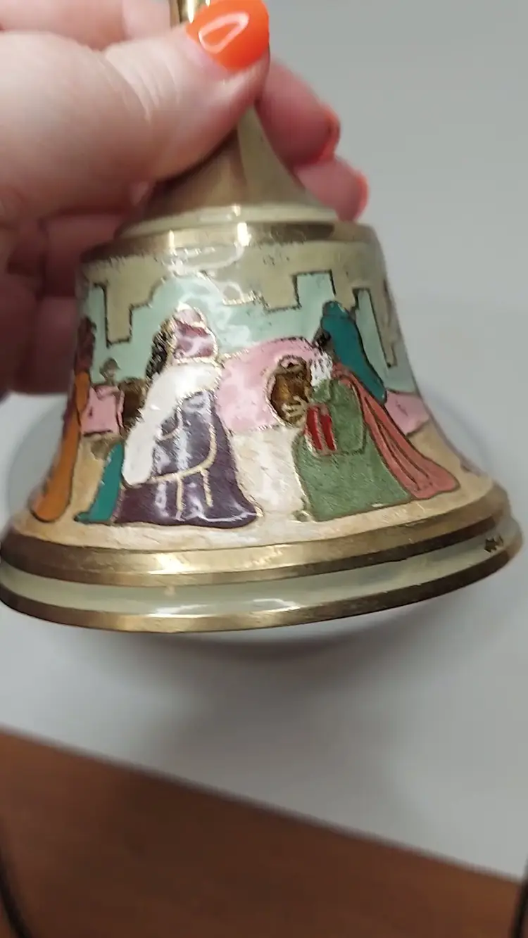 Vintage Christmas Brass Bell Hand Painted Nativity Scene Cloisonné style Jesus