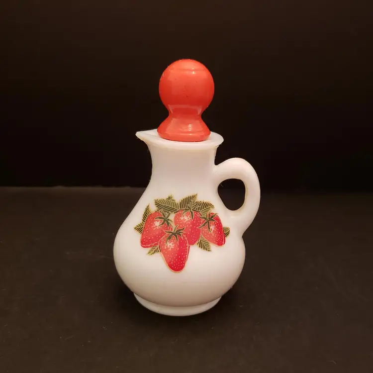 Avon Strawberries Cream Glass Pitcher Bottle w/ Stopper Red White Vintage Retro