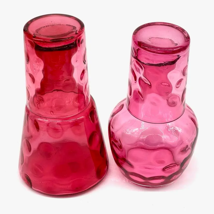 011.  Pair Of Fenton Cranberry Art Glass Tumblers Bedside Carafe Sets Thumbprint Pattern Ea Apx 8”H