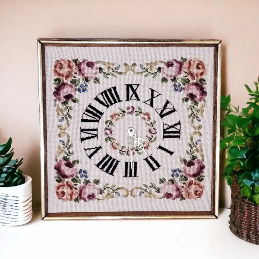 Vintage Americana Hand Embroidered Needlepoint Wall Clock 15 x 15 Handmade