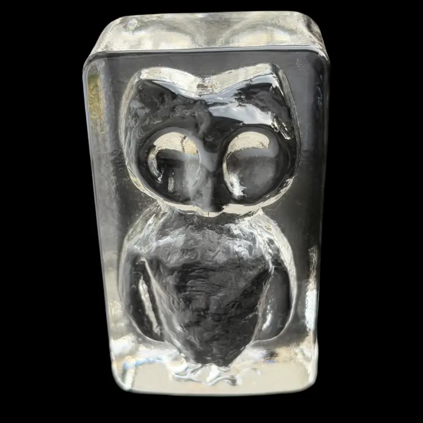 Owl Paperweight- Art glass- Block with 3-d Owl 3.5”x 2”