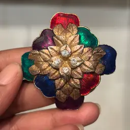 Vintage Large Colorful Enamel, Gold Tone Leaves