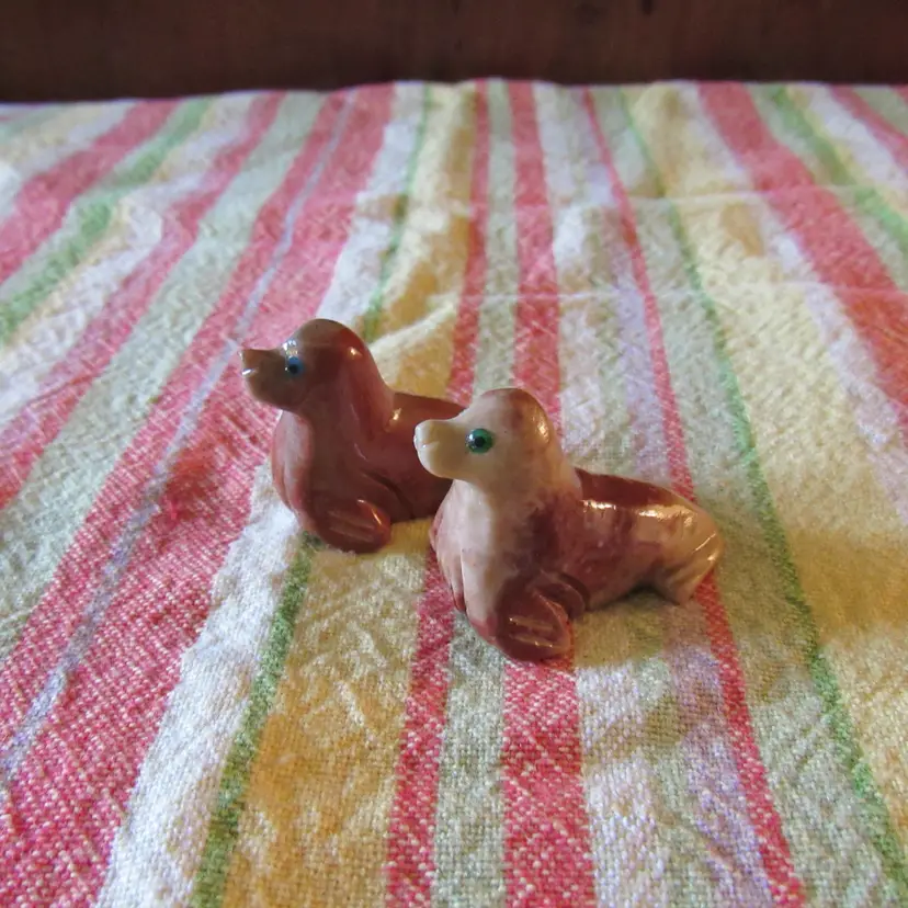 2 Mini Carved Seal Stone Figurines