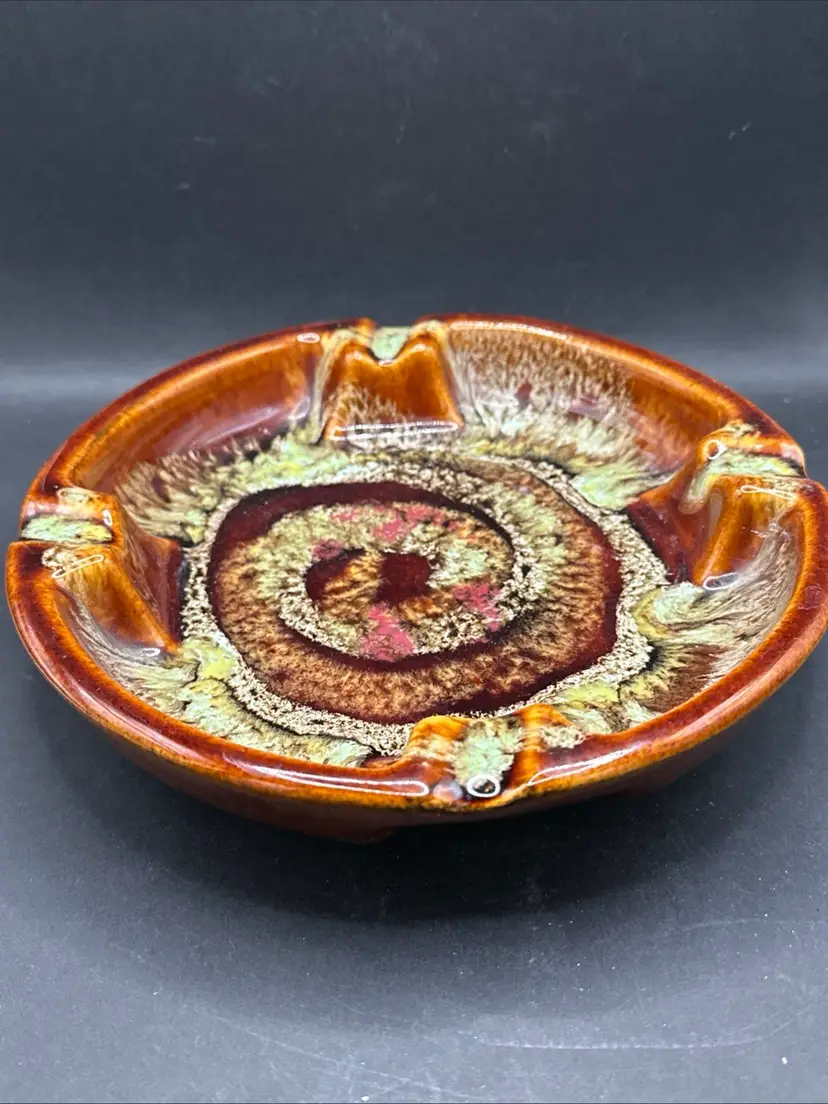 Mid Century Modern Brown, Green  & Orange Ashtray  Good Shape For Age. Ex Cond