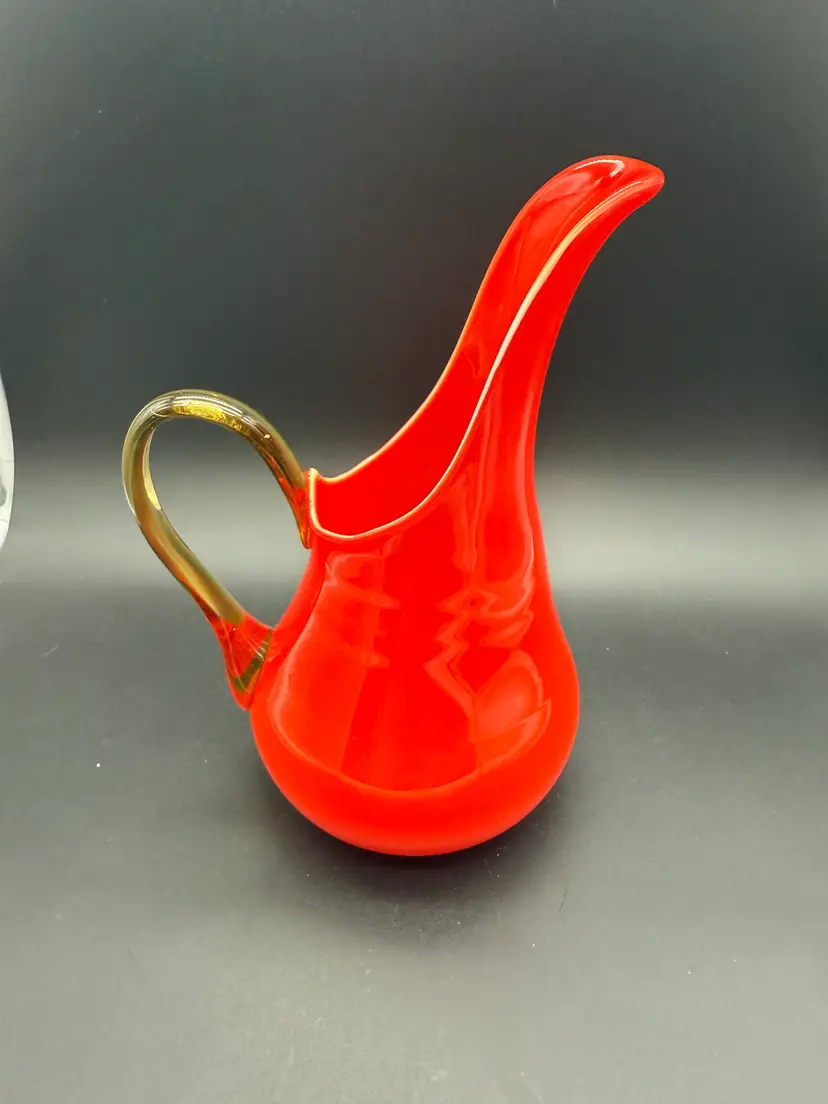 MCM Italian Glass Red Orange White Cased Pitcher 7.75"