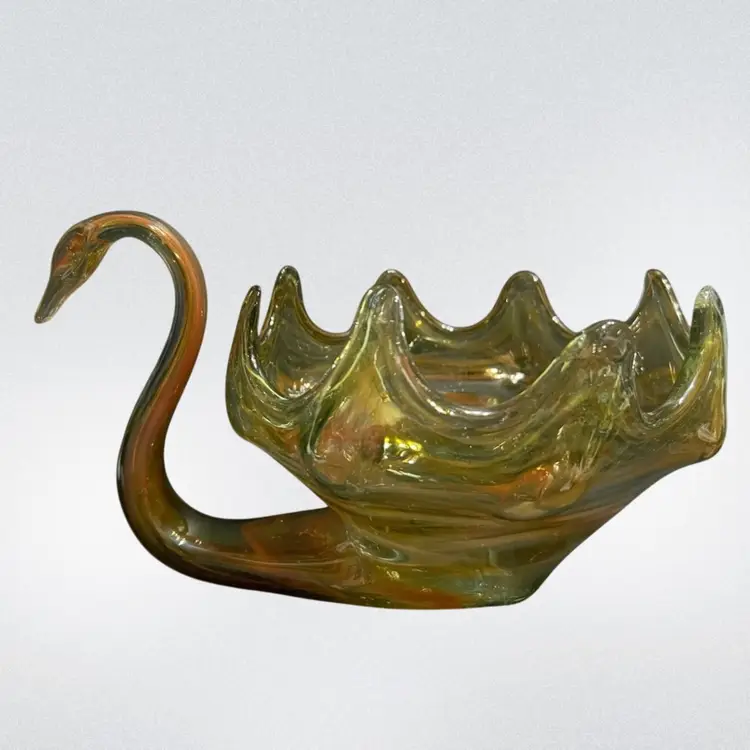 Large Ozark Art Glass Orange & Yellow Swan Console Dish *Cadmium Glow* ~7.5” x 12.5” x 9.5”