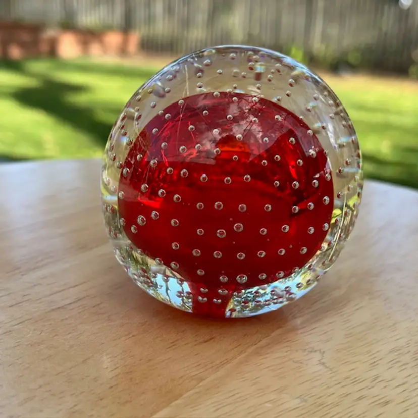 Clear Red Bubble Paperweight Bullicante 3” x 2” Made In Japan