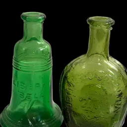 Wheaton 2 Vintage Miniature Glass Bottles Green Liberty Bell & Ben Franklin