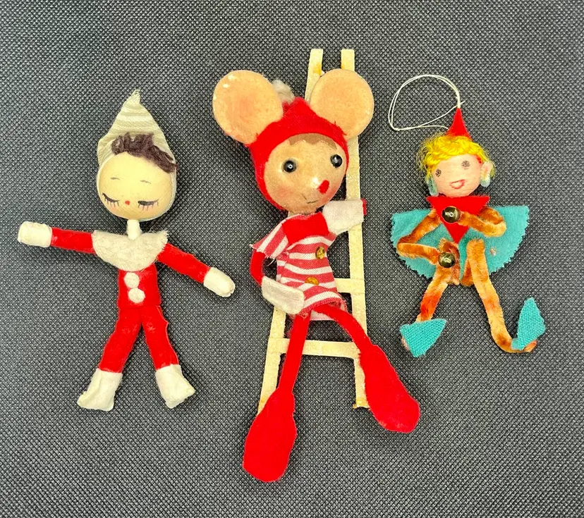 Lot Of 3 Vintage Mid Century Pixie Cloth Pipe Cleaner Christmas Ornaments