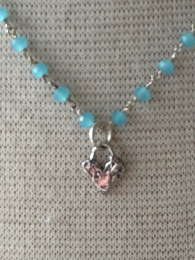 Blue Agate Rosary Style Pendant With Handmade Sterling Silver Heart Pendant