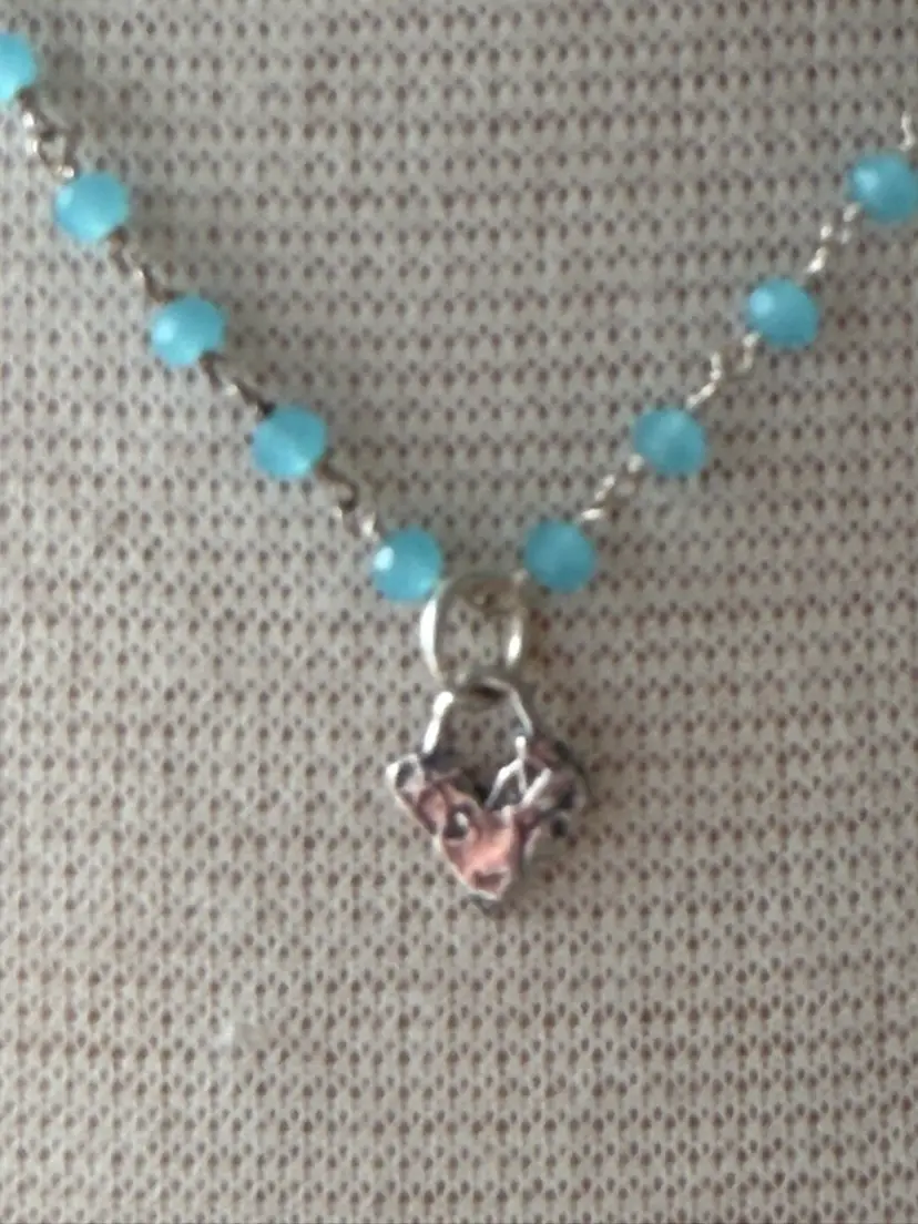 Blue Agate Rosary Style Pendant With Handmade Sterling Silver Heart Pendant