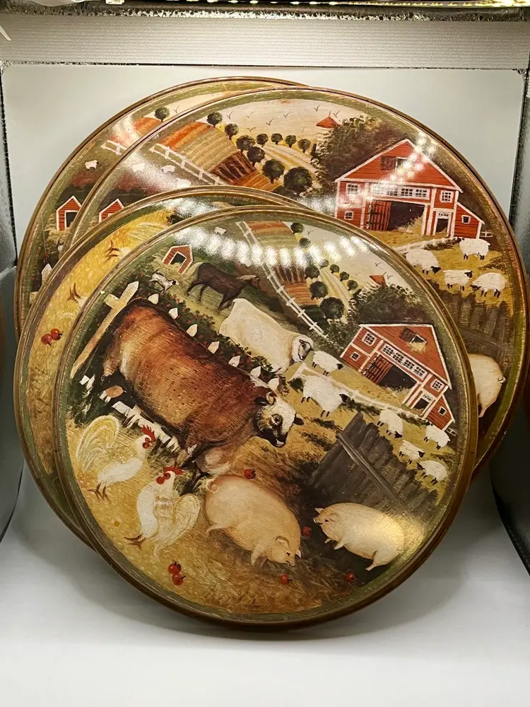 Vintage Block Country Farm Gear Collection Stove Top Covers Metal Set Of Four 11”