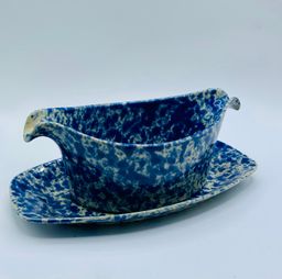 RARE Bennington Potters 1681 Sauce/Gravy Boat 9” Blue Agate Attached Underplate