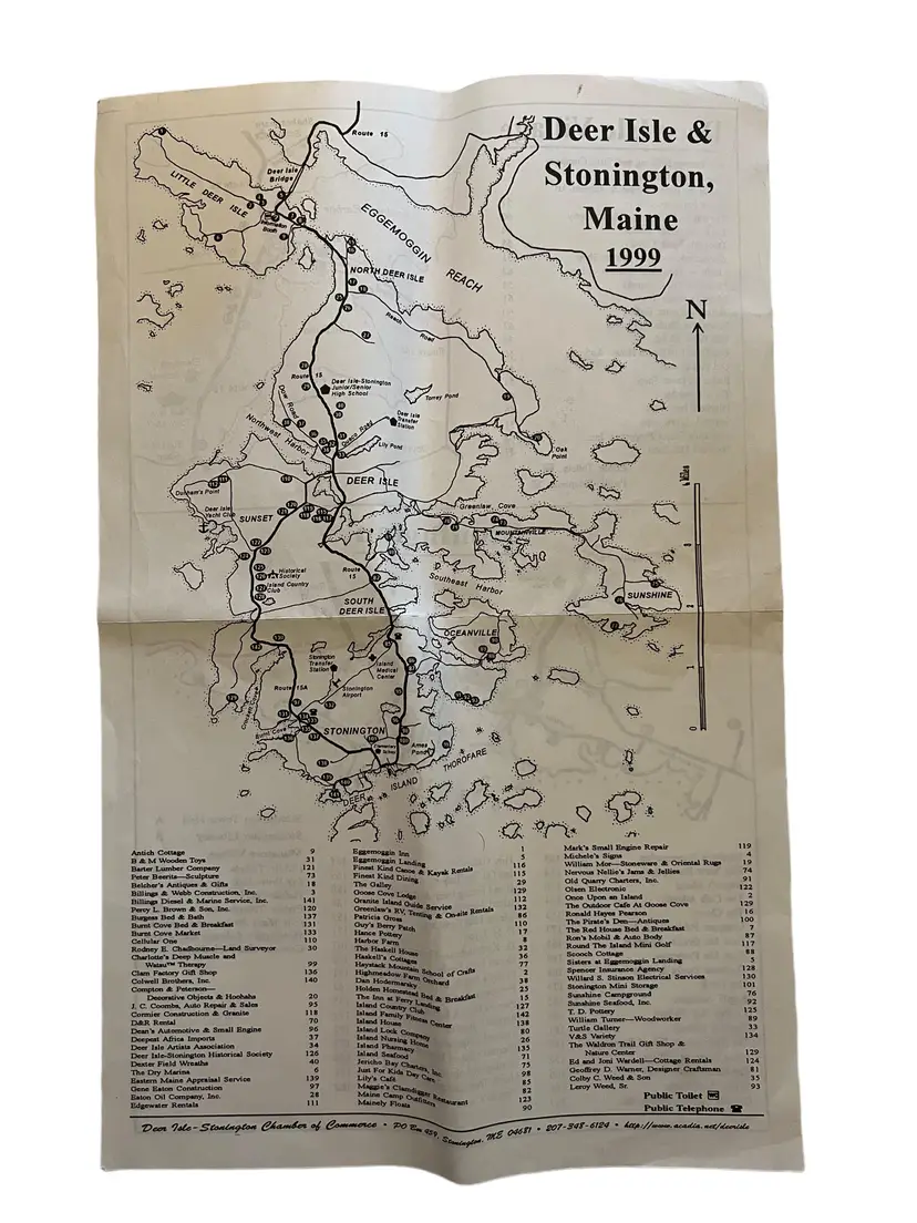 1999 Acadia Deer Isle & Stonington Maine Map. Vintage Map with Local Businesses. Double Sided 17" x 11"