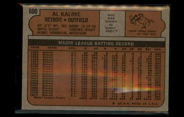 1972 Topps #600 Al Kaline - (pk3) - Detroit Tigers