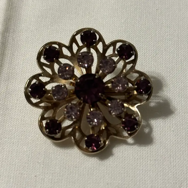Vintage Gold Tone Floral Brooch With Purple Glass Stones