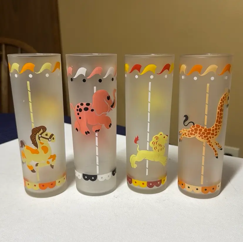 Libbey Glass Tom Collins Frosted Carousel Animals Set Of 4 1950s Atomic Barware