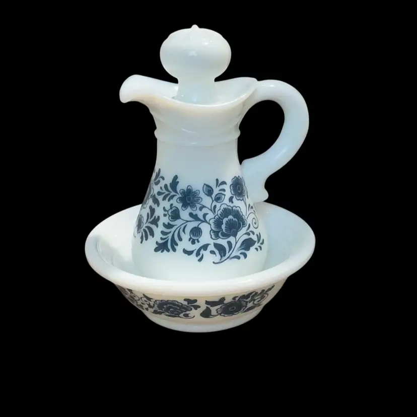 Vintage Avon Delf Blue Floral Pitcher & Bowl Set. Highly Collectable Milk Glass Piece From Early 1970s ( 1971) This Set Was Mento Hold Bath Oil. Signed Avon.