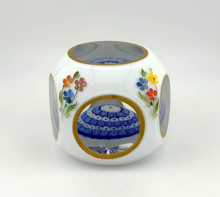 Vintage Murano Faceted White Overlay Hand Painted Millefiori Glass Paperweight 3”x 2.75”