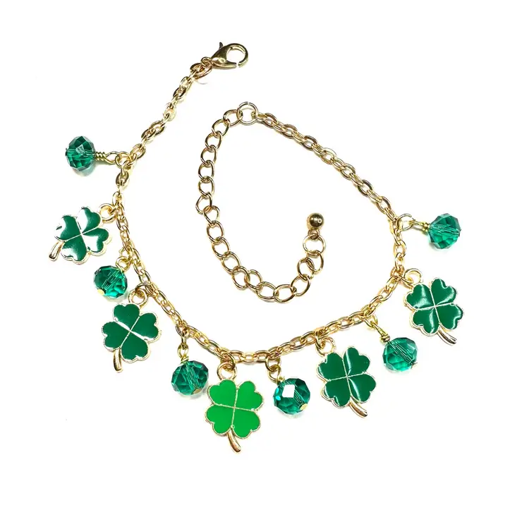 St Patrick’s Day Green Lucky Clover Charm Bracelet Gold Tone Faceted Crystal Beads Handmade Adjustable Length