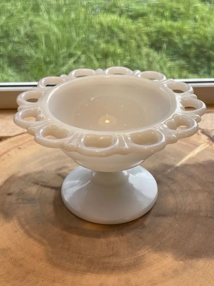 Vintage White Milk Glass Heart Pedestal Bowl with Open Lace Trim 1950s