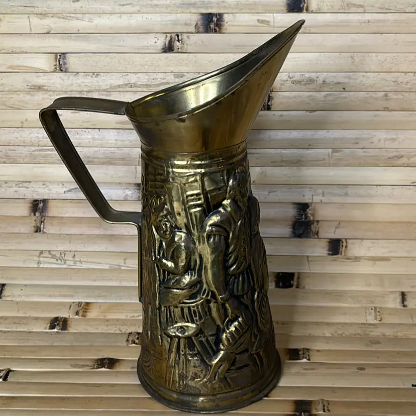Vintage Peerage Brass Pitcher Made in England Embossed Pub Tavern Scene Ale Pitcher Stamped England